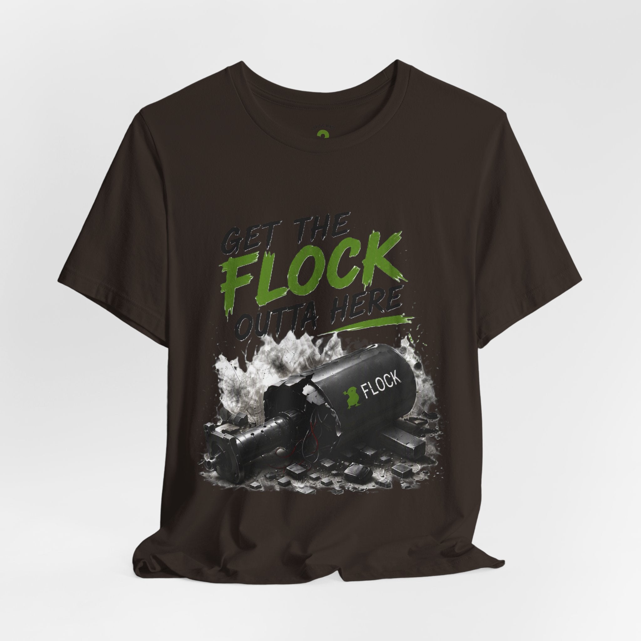 T-Shirt — “Get the Flock Outta Here” Graphic Tee (Curious Minds Back Design)